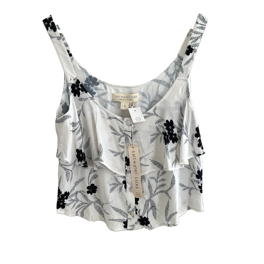 NWT Saltwater Luxe Top Women's Button Front Tiered Tank Top White Floral Size S